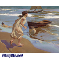 TSD3675 - Tranh sơn dầu cô gái vui đùa với sóng biển